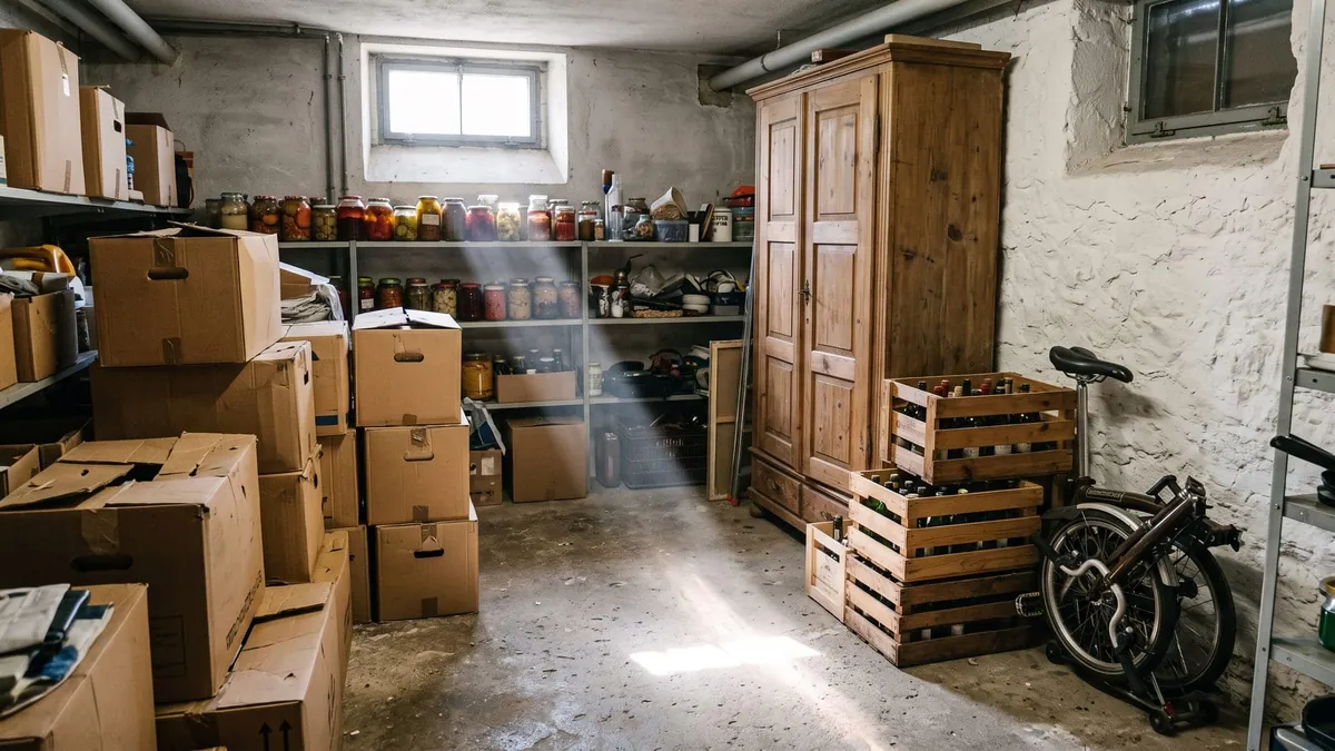 Voller Keller mit Kartons, Kisten und altem Schrank vor der Entrümpelung