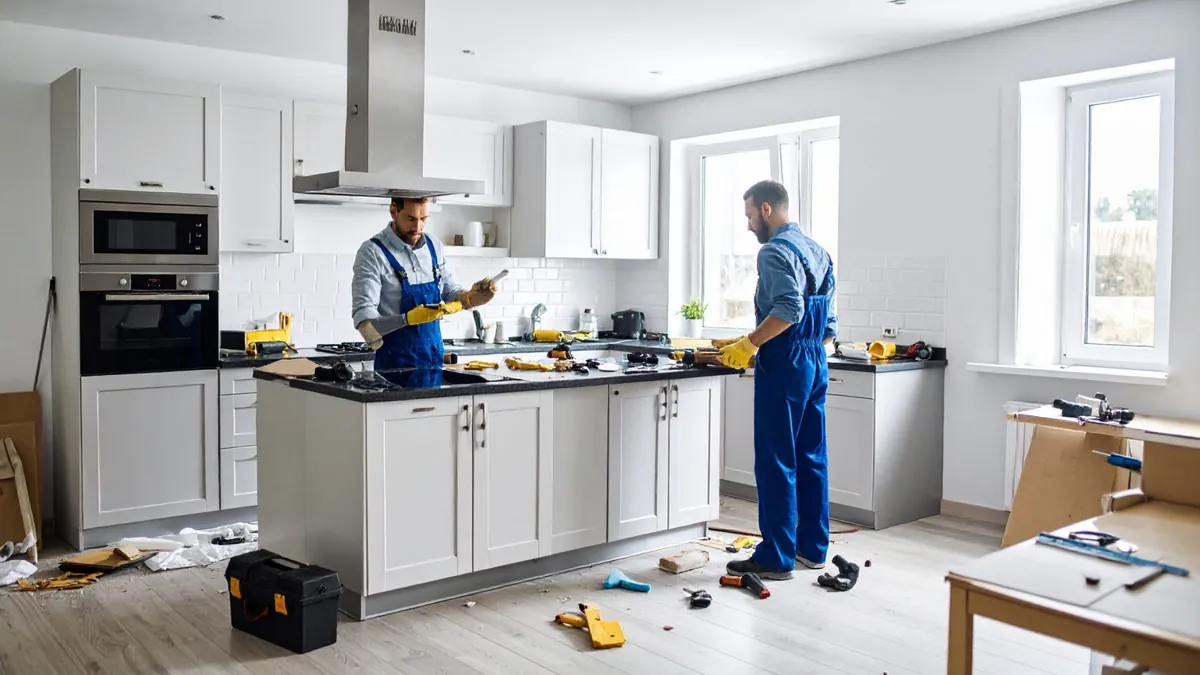 Zwei Monteure bauen eine helle Einbauküche ab, Werkzeug liegt auf der Arbeitsplatte