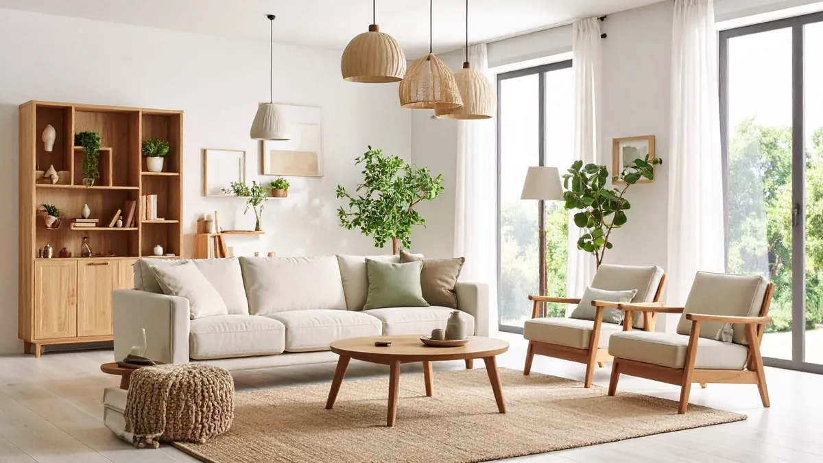 Hell eingerichtetes Wohnzimmer mit Sofa, Sesseln und Pflanzen