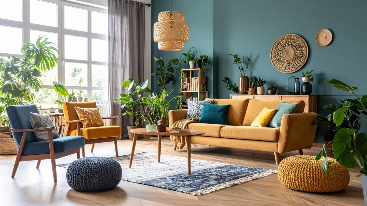 Möbliertes Wohnzimmer mit Sofa, Sesseln und Regal